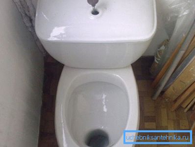 A kép egy fajansz WC-tálat mutat egy darabból álló polccal. A tálnak ez a formája kevésbé praktikus: a WC-kel ellátott termékek a borítón maradnak, és őszintén szólva a levegő nem ózonozik.